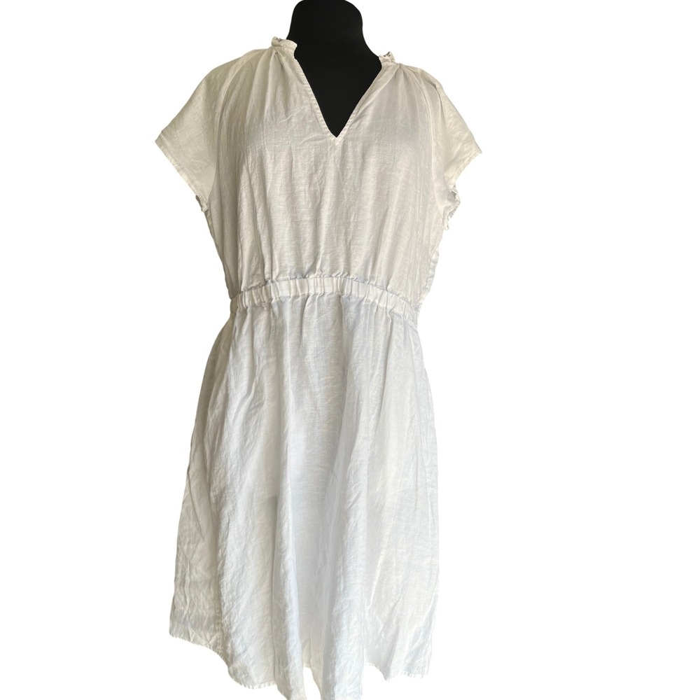 Boden White Linen Blend Ruffle V-Neck Elastic Waist Dress US 12L UK 16L